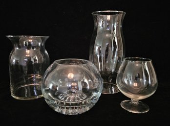 Lot Of 4 Clear Glass Decorative Pieces Including Vases, Bowls And Hurricane Lamp