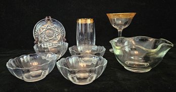 Arcoroc French Berry Bowls & Other Assorted Glassware Including Gold-toned Rimmed Cocktail Glasses