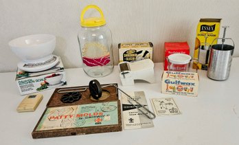 Vintage Small Kitchen Appliances In Original Boxes Including Donut Maker, Vegetable Slicer, Gulf Wax & More