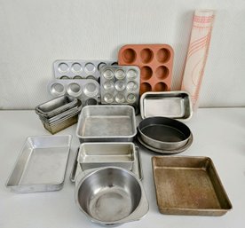 Assorted Metal Baking Dishes Including Pie Tins, Muffin And Bread Trays W Rolling Baking Mat