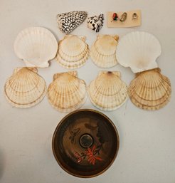 Shell Assortment Including Bugs Made From Small Shells & Wooden Bowl