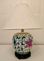 Pink And Green Floral Ceramic Lamp W Wood Base