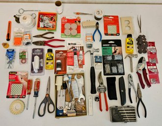 Assortment Of Tools And Hardware Incl Screwdrivers, Scotch Tape, Scissors, Pliers And More