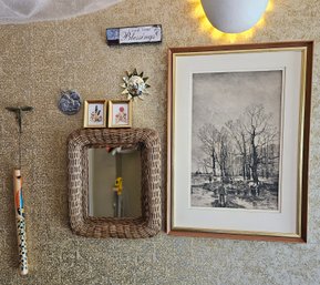 Assortment Of Wall Decor Incl Black And White Wagon Print, Wicker Mirror, Dragonfly Hanger & More