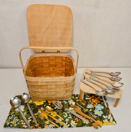 Lovely Wooden Picnic Basket With Mini Table & Assorted Serving Utensils