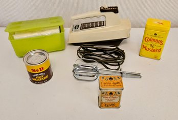 Vintage Kitchen Lot Incl Metal Spice Canisters & Sunbeam MixMaster (tested)