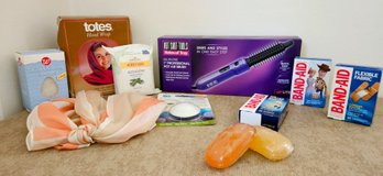 Lot Of Grooming Goodies Including NIB Curling Iron, Loofah Sponge, Totes Head & Neck Scarf, Band Aids & More