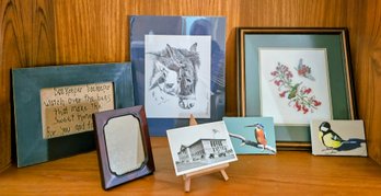 Lot Of Artwork Incl. Historic Post Card, Tiny Bird Paintings, Cross Stitched Humming Bird, Horse Pen And Ink