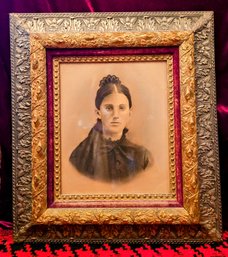 A Beautiful 1800's Ancestral Charcoal Drawing Of Sarah In A Large Ornate Wooden Frame And Red Velvet Matting