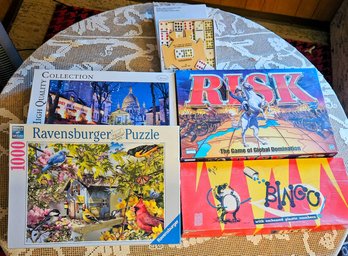 An Assortment Of Puzzles And Board Games Incl Risk, Bingo,