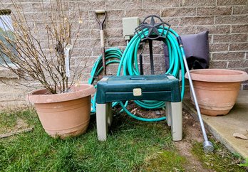 Gardening Must Haves Incl. Step 2 Bench With Plastic Pots Hose And Shovel