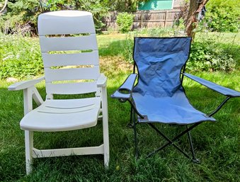 2 Outdoor Chairs Incl. A White Plastic And Blue Fold Up