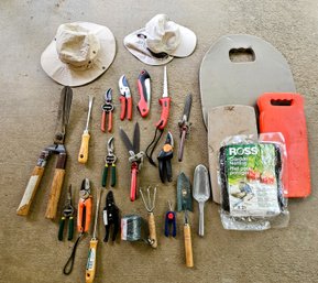 Assorted Garden Tools Incl. Kneeling Pads, Sun Hats, Garden Netting, Trimmers And More