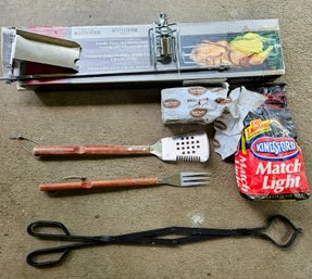 Vermont Castings Rotisserie BBQ Lot With A Small Bag Of Charcoal And Accessories