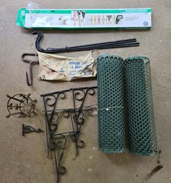 Garden Tool Wall Organizer, Plastic Netting, 5 Plastic Decorative Brackets, Aprons, Antique Hay Hook And More