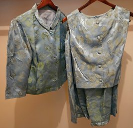 Beautiful Handmade Jackie Kennedy Style Brocade Cocktail Suit (jacket, Top & Skirt With Shantung Aqua Dress)