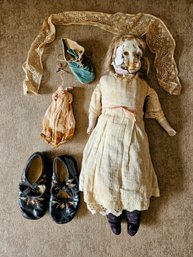 2 Antique Dolls With Cracked Faces, Cute Doll Shoes