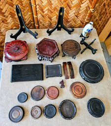 An Assortment Of Wooden Asian Display Stands With Lidded Bowl, Vase And More