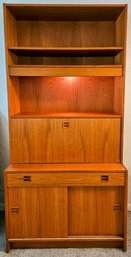 Mid Century Modern Scandinavian Teak Hutch With Drop Down Desktop With Light