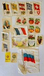 Collectible Antique Printed Cigarette Silk Pieces Incl. FLAGS, FRUIT AND FLOWERS