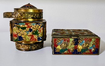 Antique Chinese Brass And Polychrome  Enamel Cigarette Caddy And Postage Stamp Box