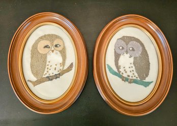 Crewel Embroidery Of Owls In An Oval In Faux Wooden Frame