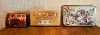 3 Vintage Tins Incl. Lipton Tea Bags, Ye Old In And More