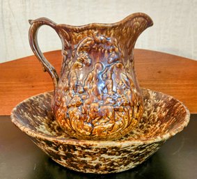 Antique Brown Sponge-ware Bennington Wash Basin And Pitcher