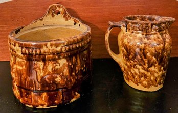 Antique Bennington Rockingham Yellow Ware Stoneware Salt Crock Fountain And Pitcher