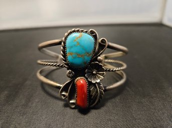 Vintage Native American Sterling Turquoise Red Coral Old Pawn Cuff Bracelet 26 Grams