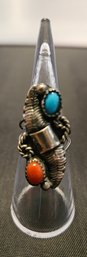 Vintage Navajo Turquoise & Coral Sterling Silver Leaf Ring 4.18 Grams