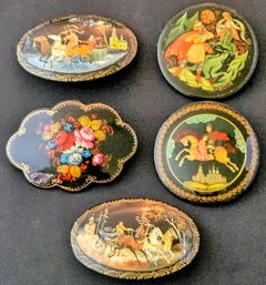 5 Vintage Hand-painted Folk Art Brooch Signed