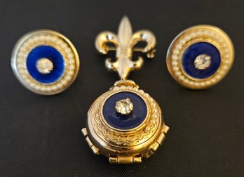 Vintage Gold Tone Blue Pearl Four Picture Folding Locket Fleur De Lis Brooch W Matching Unpierced Earrings