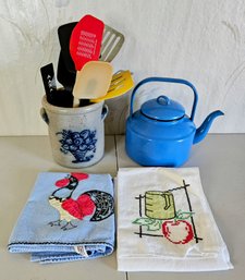 Collection Of Vintage Kitchen Items:INC Blue Enamal Tea Pot ,TOWE Pottery Works 1991 Crock With 2 Tea Towls