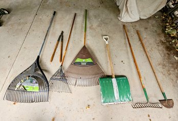 Assortment Of Yard Tools INC , Rakes, Shovel , Hedge Trimmer And More