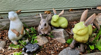 3 Ceramic Yard Art Bunnies 1 Resin Bunny , And  1 Frog