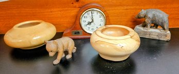 Assortment Of Wooden Decor Incl. Carved Bears And Mantel Clock