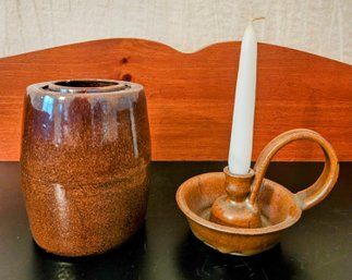 Clay And Dough Antique Kitchen Vase And Redware Pottery Candle Holder W/ Candle !