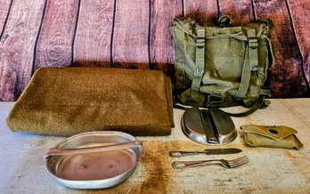 Vintage Army Issued Items IL. Wool Blanket, Mess Kit , First Aid And Military Field Pack Combat Rucksack