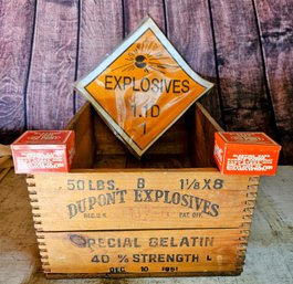 Vintage Wooden Dupont Explosives Box W/ Dupont Blasting Tins And Explosives Stickers