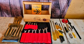 Wooden Tool Box Assortment Or Old And New Tools Incl. Craftsman Wrench Set, Screwdrivers, Files, Boring Bits