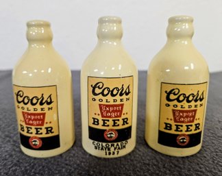 3 VTG Coors Golden Beer Stubby Bottle Salt & Pepper Shakers 1930s