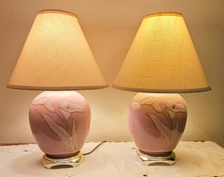 2 Vintage Ceramic Mauve Floral Lamps With White Lamp Shades