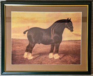 Vintage Shire Horse In A Landscape Print In Green Wooden Frame (not Signed)