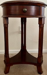 2 Tier Cherry Wood Side Table With Drawer, Embossed Trim & Column Legs