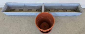 2 Plastic Rectangular Planter Pots & 1 Terracotta Round Pot