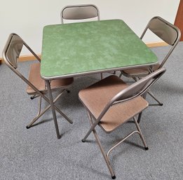 Samsonite Card Table With Grey Metal Base, Green Padded Top & 4 Chairs