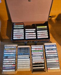 Lot Of Cassette Tapes With 4 Wooden Storage Containers & Brown Faux Leather Carrying Case