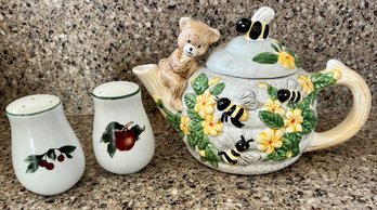 Honeybee & Bear Ceramic Teapot With Salt & Pepper Shakers