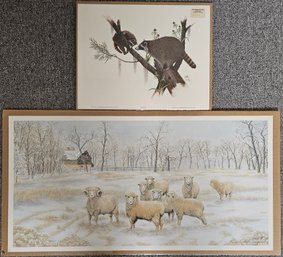 2 Animal Prints Incl Snowy Sheep & Racoons